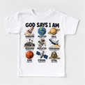 God Says I Am Space Kids design on a white tee