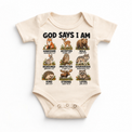 God Says I Am Woodland Animals Kids design on a natural bodysuit
