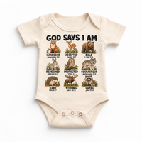 God Says I Am Woodland Animals Kids design on a natural bodysuit