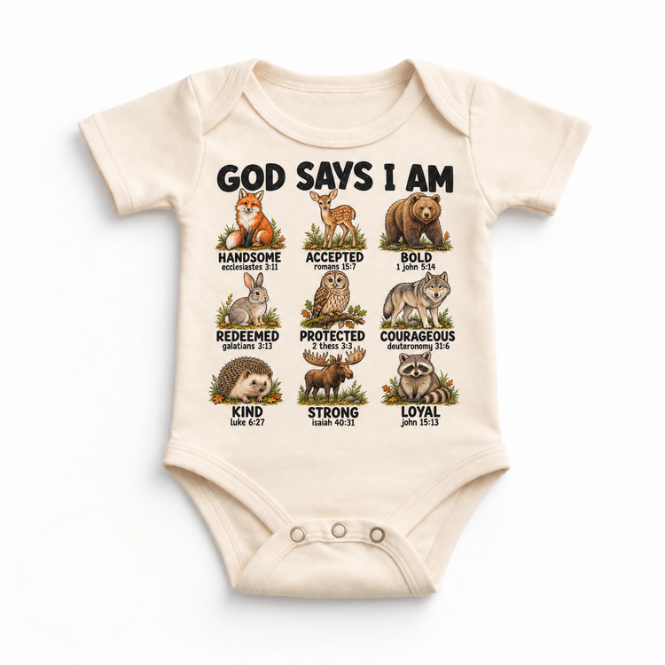 God Says I Am Woodland Animals Kids design on a natural bodysuit