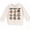 God Says I Am Woodland Animals Kids design on a natural sweatshirt
