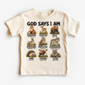 God Says I Am Woodland Animals Kids design on a natural tee