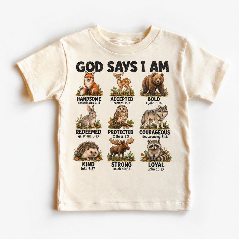 God Says I Am Woodland Animals Kids design on a natural tee