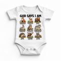 God Says I Am Woodland Animals Kids design on a white bodysuit