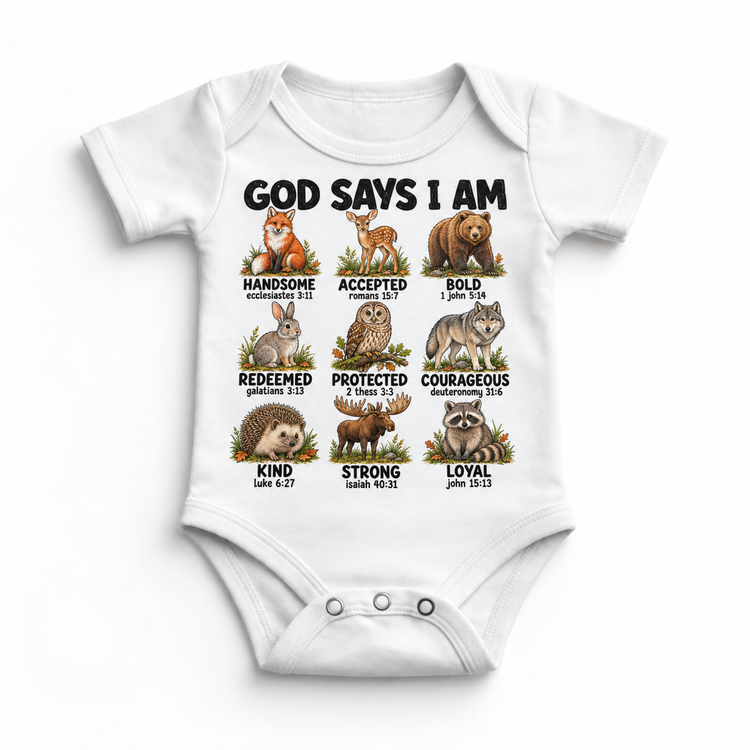 God Says I Am Woodland Animals Kids design on a white bodysuit