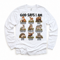 God Says I Am Woodland Animals Kids design on a white long sleeve tee