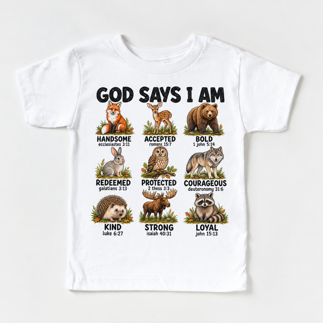 God Says I Am Woodland Animals Kids design on a white tee