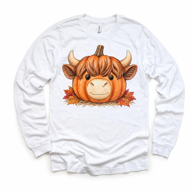 Highland Cow Pumpkin Shirt, Sweatshirt & Bodysuit - White Long Sleeve Tee