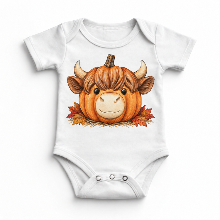 Highland Cow Pumpkin Shirt, Sweatshirt & Bodysuit - White Baby Bodysuit