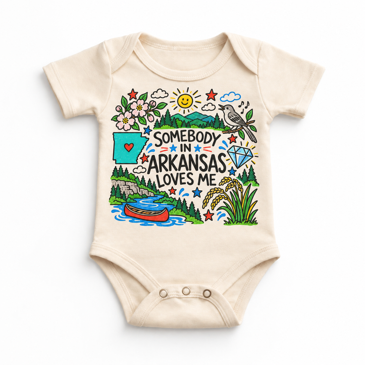 Somebody in Arkansas Loves Me design on a natural bodysuit