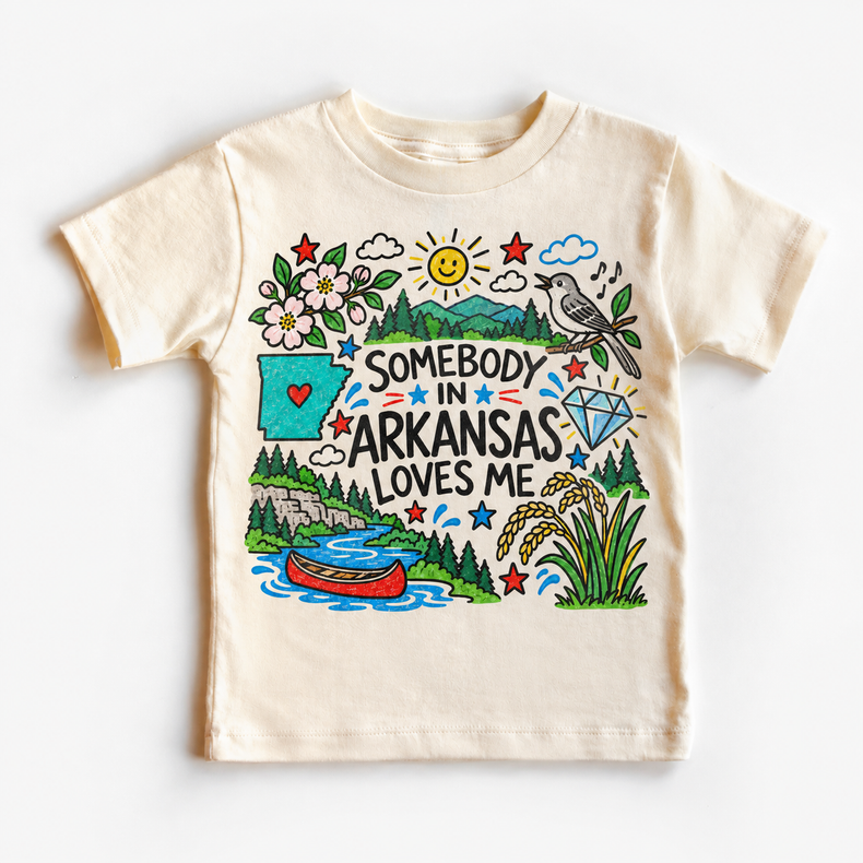 Somebody in Arkansas Loves Me design on a natural tee