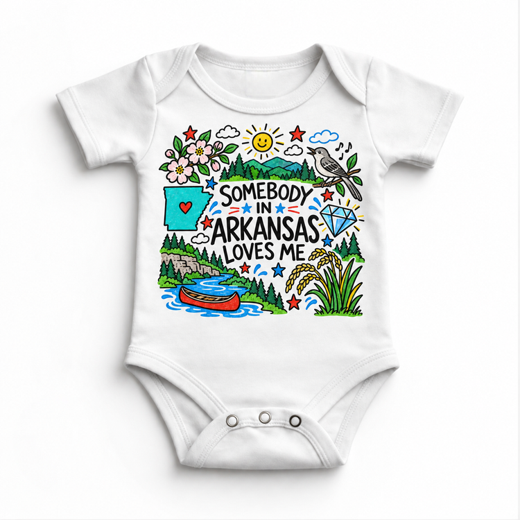 Somebody in Arkansas Loves Me design on a white bodysuit