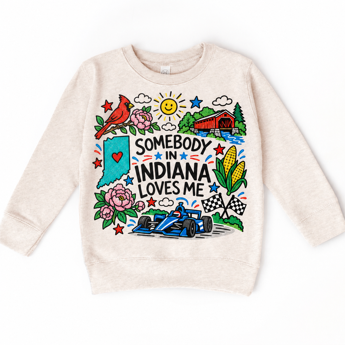 Somebody in Indiana Loves Me design on a natural sweatshirt