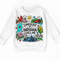 Somebody in Indiana Loves Me design on a white sweatshirt