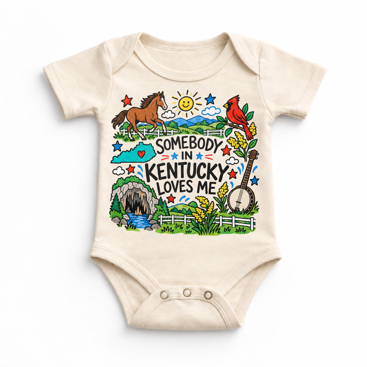 Somebody in Kentucky Loves Me design on a natural bodysuit