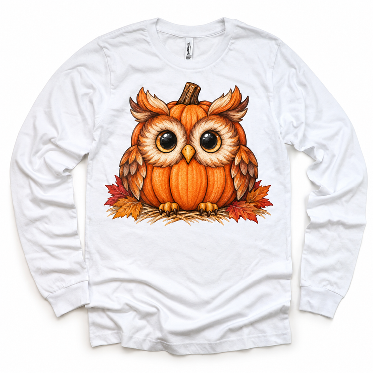 Pumpkin Owl Shirt, Sweatshirt & Bodysuit - White Long Sleeve Tee