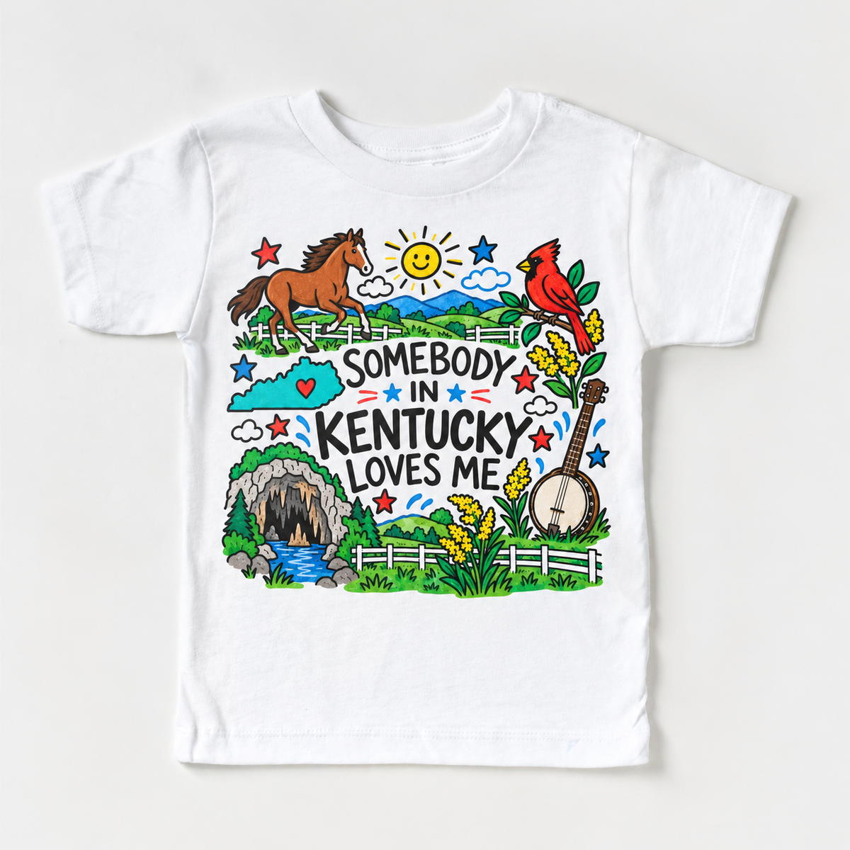 Somebody in Kentucky Loves Me design on a white tee