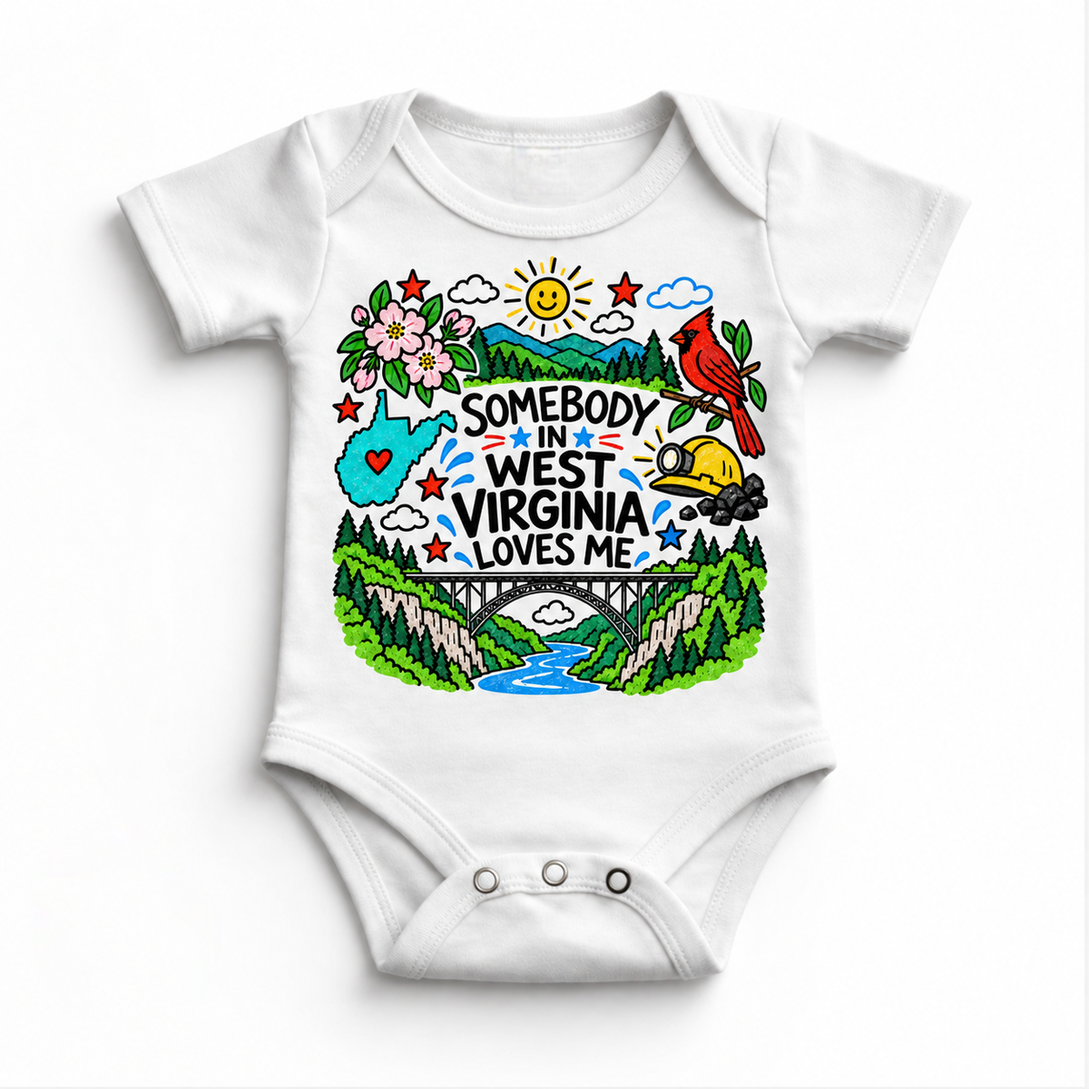 Somebody in West Virginia Loves Me design on a white bodysuit
