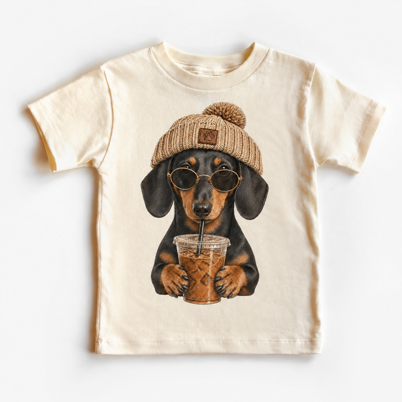 Dachshund iced coffee design on Natural Short Sleeve Tee