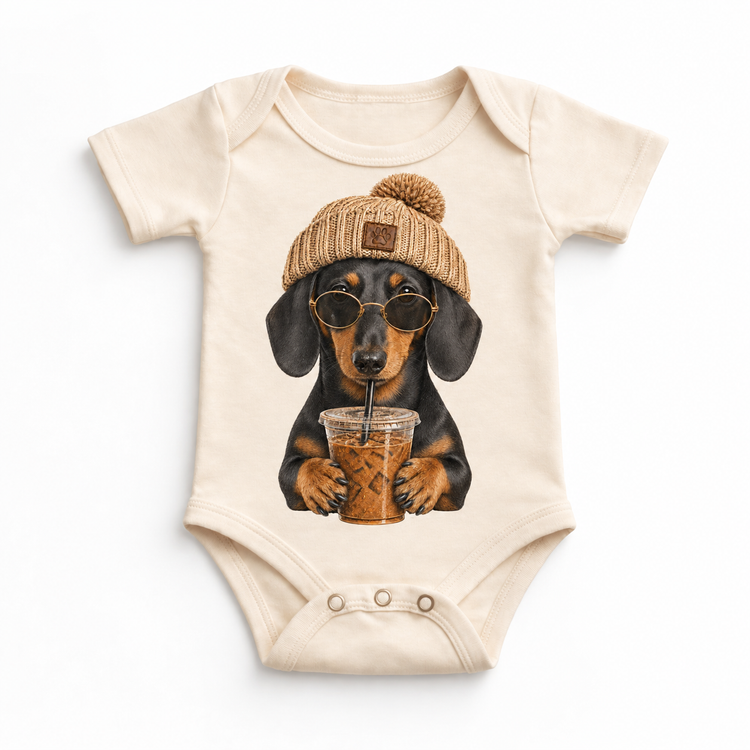 Dachshund iced coffee design on Natural Baby Bodysuit