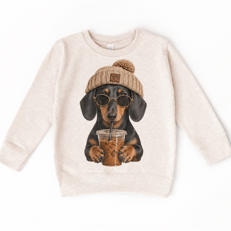 Dachshund iced coffee design on Natural Heather Sweatshirt
