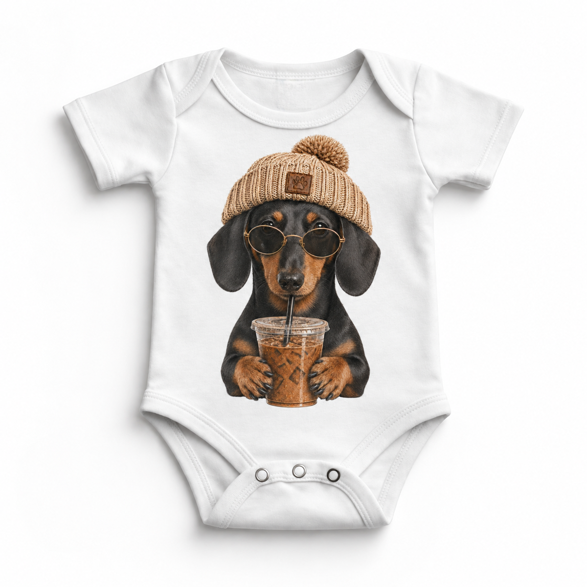 Dachshund iced coffee design on White Baby Bodysuit