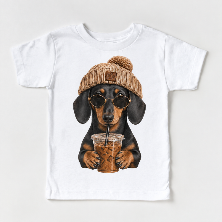 Dachshund iced coffee design on White Short Sleeve Tee