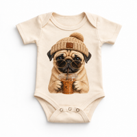 Pug iced coffee design on Natural Baby Bodysuit