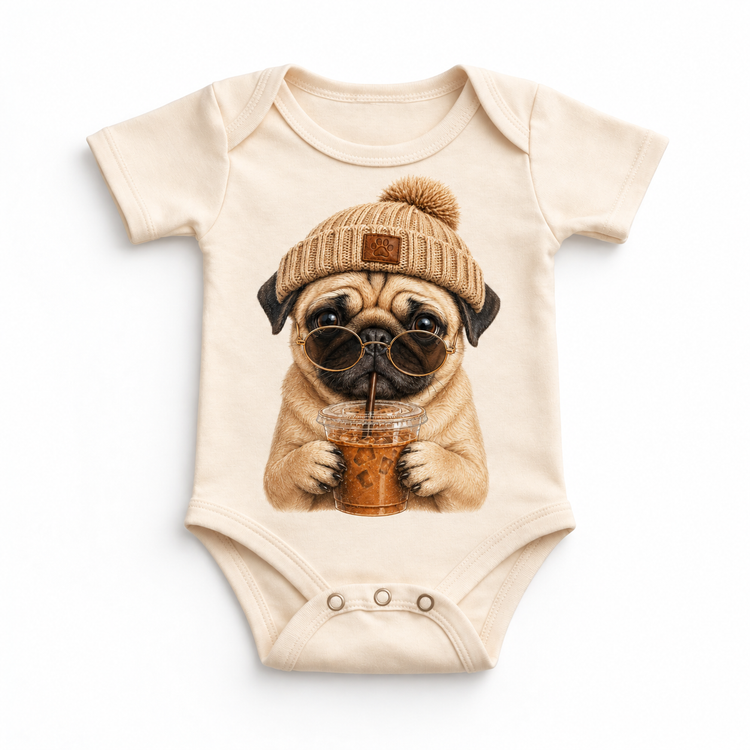 Pug iced coffee design on Natural Baby Bodysuit