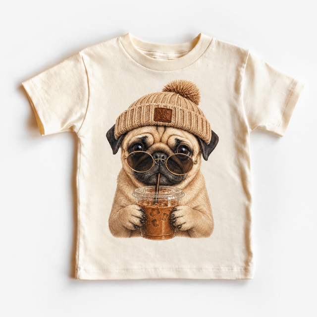 Pug iced coffee design on Natural Short Sleeve Tee