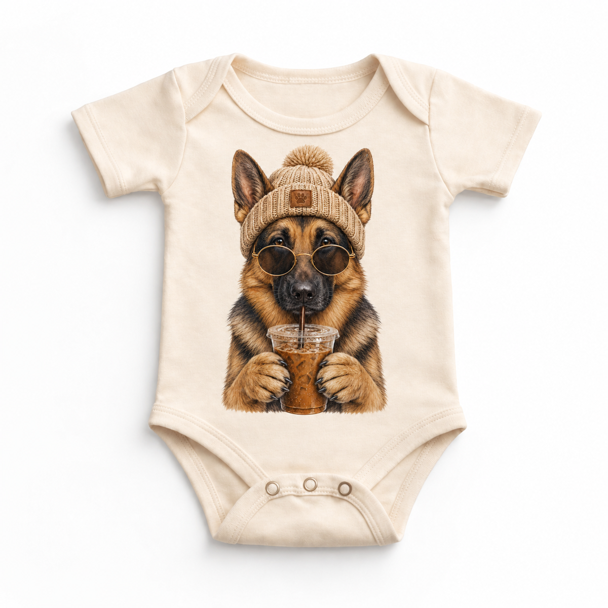 German Shepherd iced coffee design on Natural Baby Bodysuit