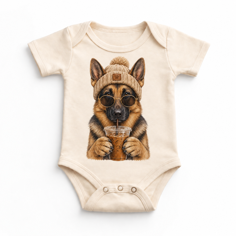 German Shepherd iced coffee design on Natural Baby Bodysuit