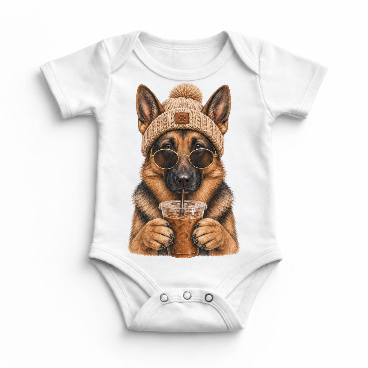 German Shepherd iced coffee design on White Baby Bodysuit