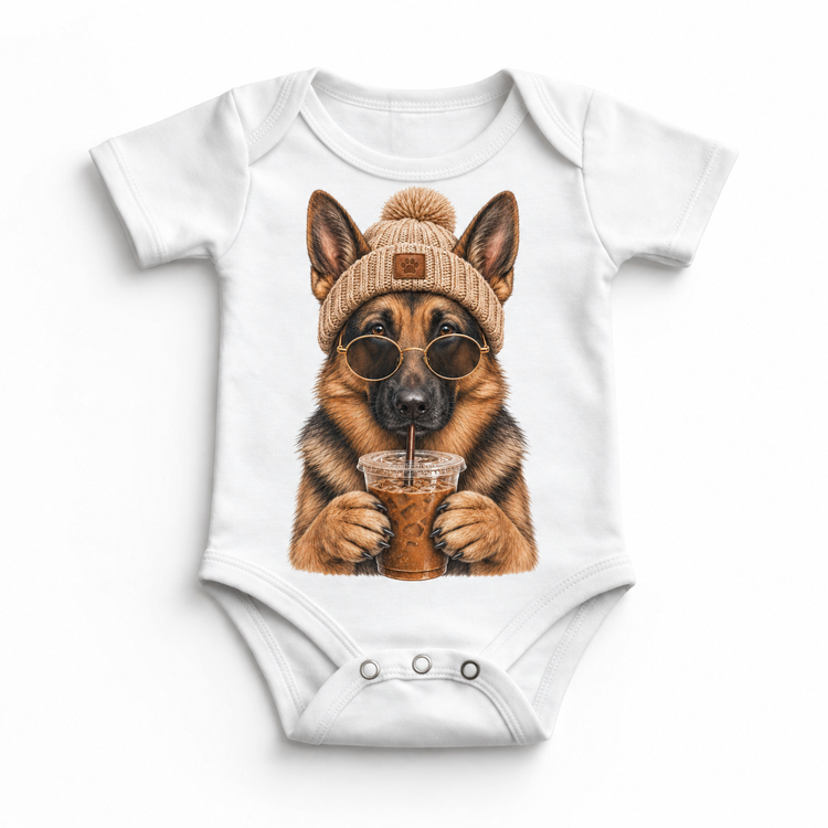 German Shepherd iced coffee design on White Baby Bodysuit