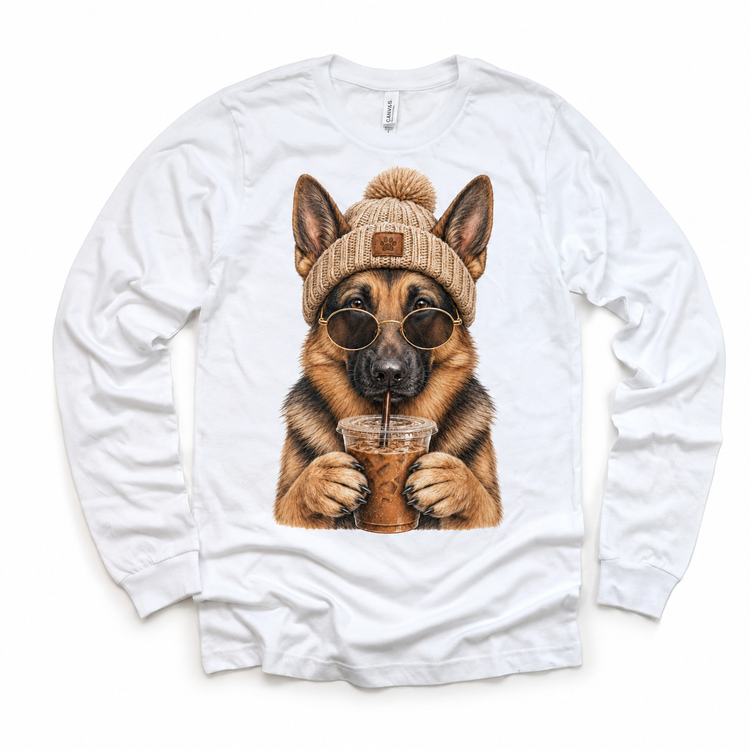German Shepherd iced coffee design on White Long Sleeve Tee
