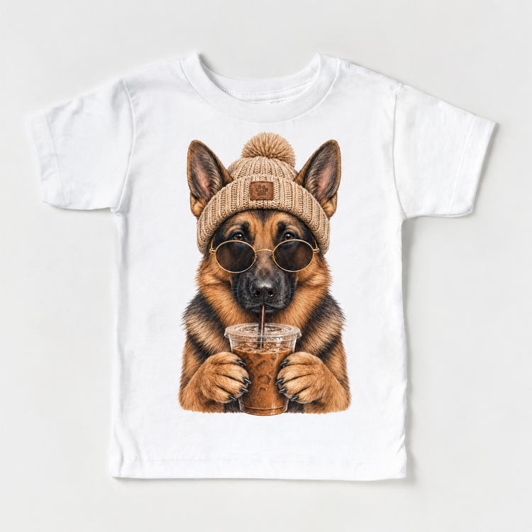 German Shepherd iced coffee design on White Short Sleeve Tee