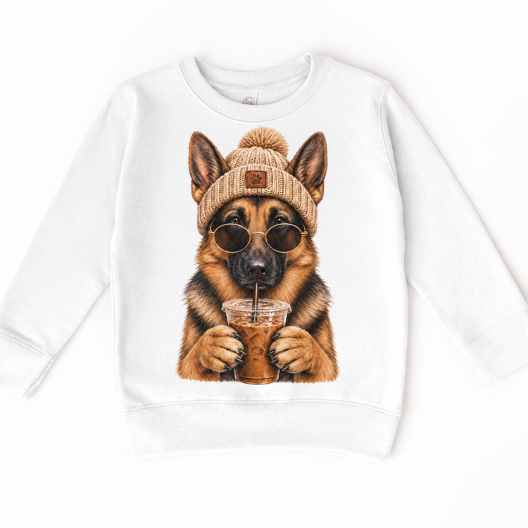 German Shepherd iced coffee design on White Sweatshirt