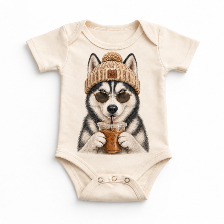 Husky iced coffee design on Natural Baby Bodysuit