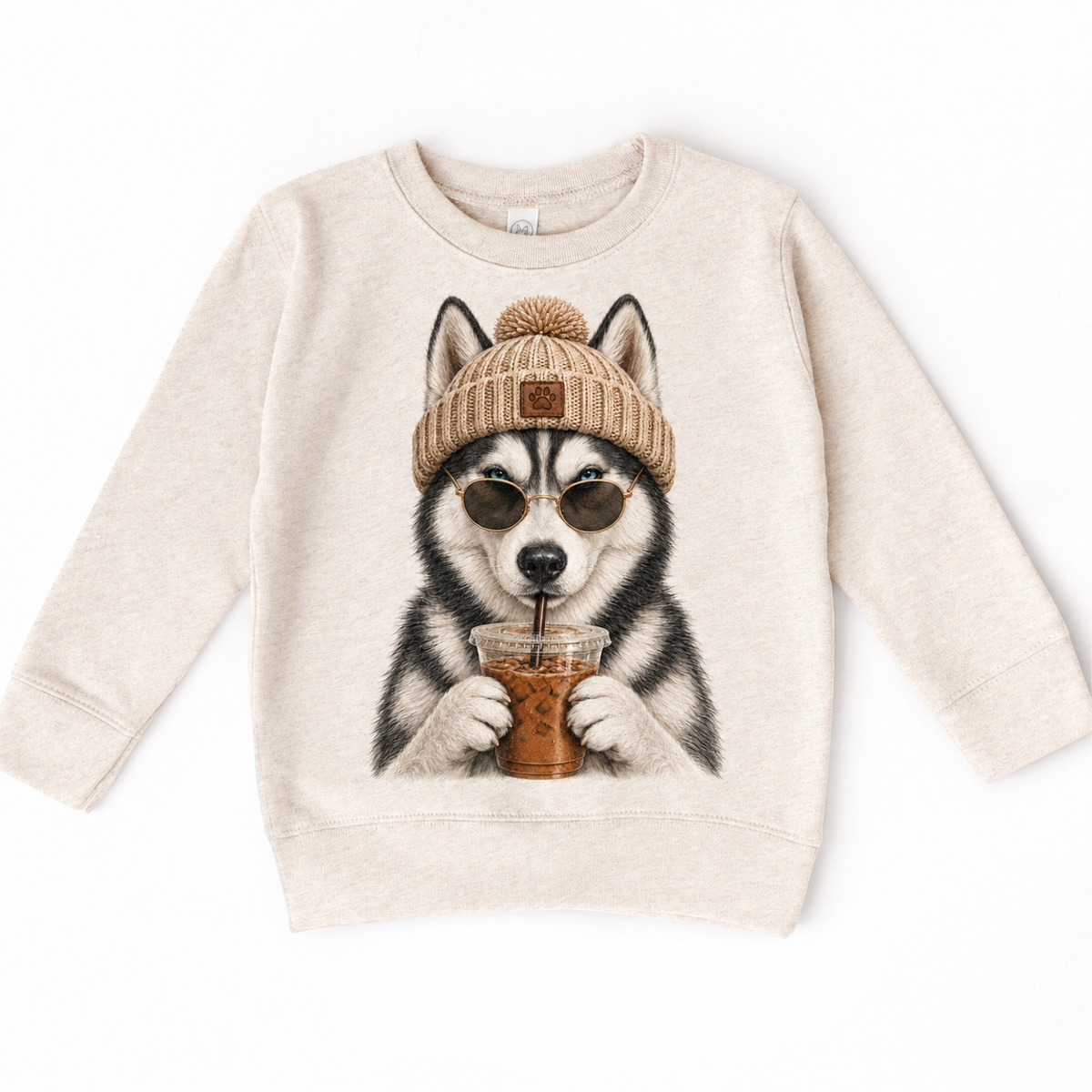 Husky iced coffee design on Natural Heather Sweatshirt