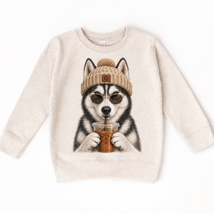 Husky iced coffee design on Natural Heather Sweatshirt