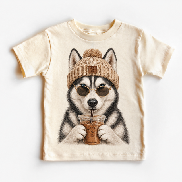 Husky iced coffee design on Natural Short Sleeve Tee