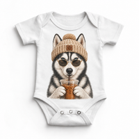 Husky iced coffee design on White Baby Bodysuit