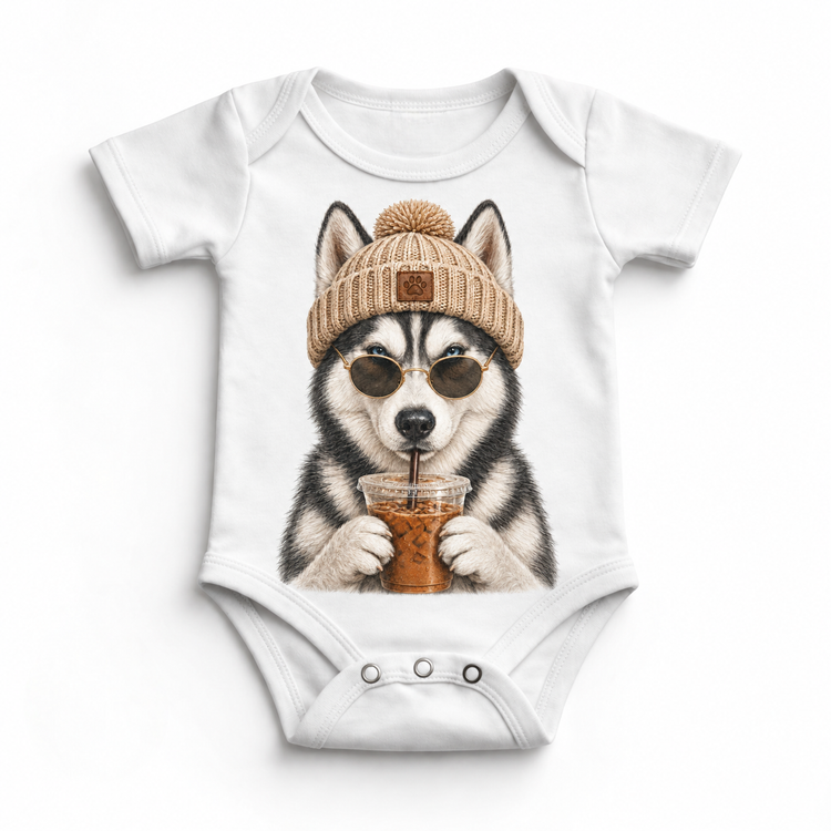 Husky iced coffee design on White Baby Bodysuit