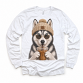 Husky iced coffee design on White Long Sleeve Tee