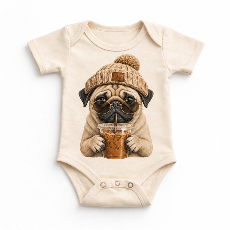 Pug iced coffee design on Natural Baby Bodysuit