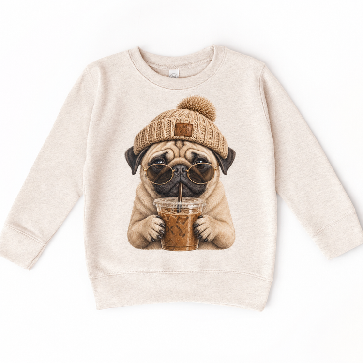 Pug iced coffee design on Natural Heather Sweatshirt