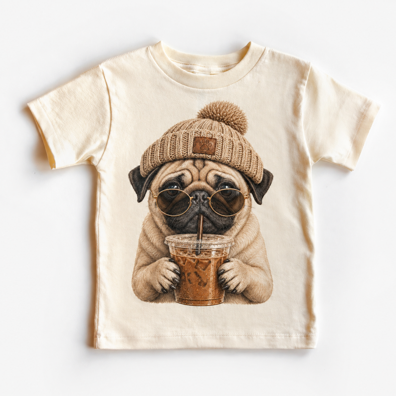 Pug iced coffee design on Natural Short Sleeve Tee