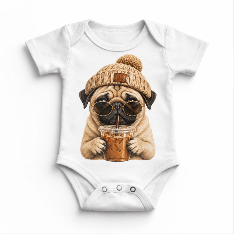 Pug iced coffee design on White Baby Bodysuit