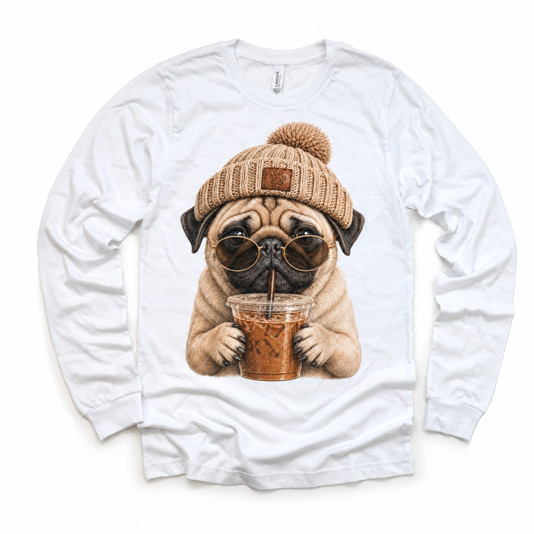 Pug iced coffee design on White Long Sleeve Tee