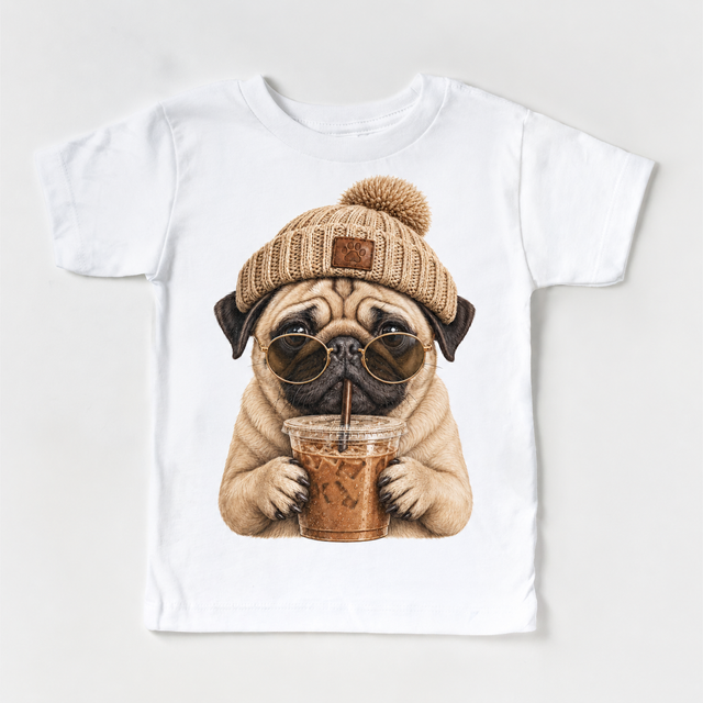 Pug iced coffee design on White Short Sleeve Tee